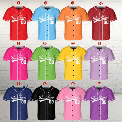 Custom baseball jerseys in 12 color options with team name and number