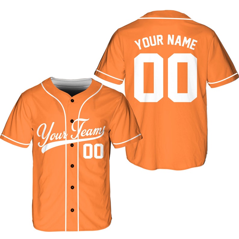 Custom orange baseball jersey with team name and number, front and back