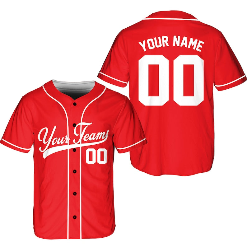 Custom red baseball jersey with team name on the front and name and number on the back