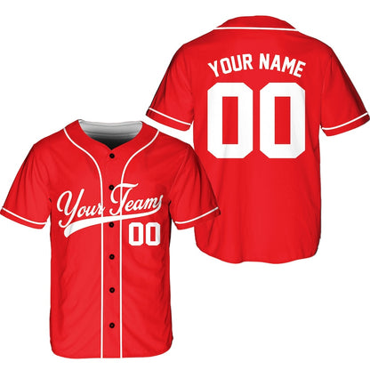 Custom red baseball jersey with team name on the front and name and number on the back