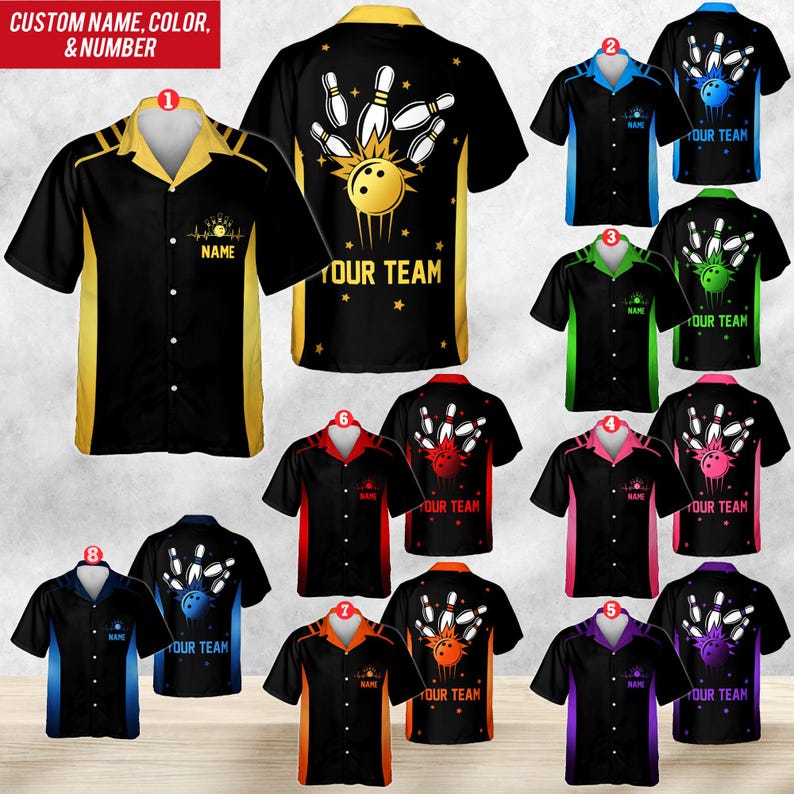 Personalized neon bowling shirts in eight neon color options with custom name and team