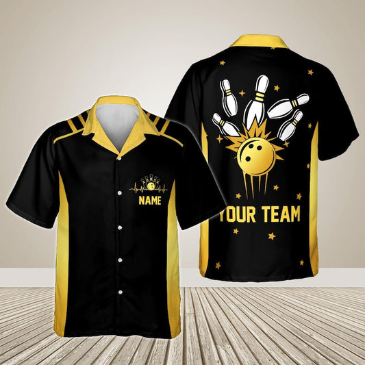 Personalized neon bowling shirt in black and yellow with custom name and team name on the back