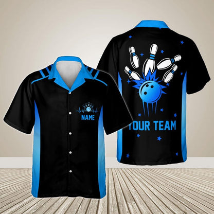 Personalized neon bowling shirt in black and blue with custom name and team name on the back
