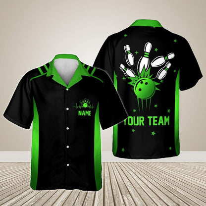 Personalized neon bowling shirt in black and green with custom name and team name on the back