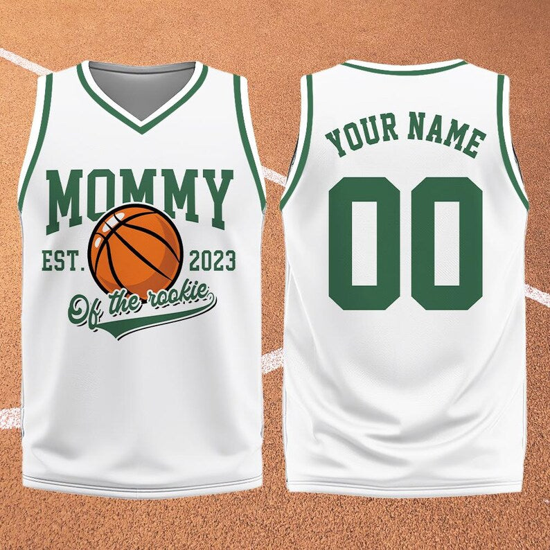Mommy of the Rookie white basketball jersey front and back with custom name and number