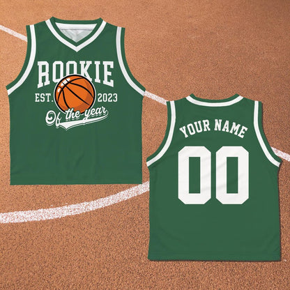 Rookie of the Year green toddler basketball jersey front and back with custom name and number