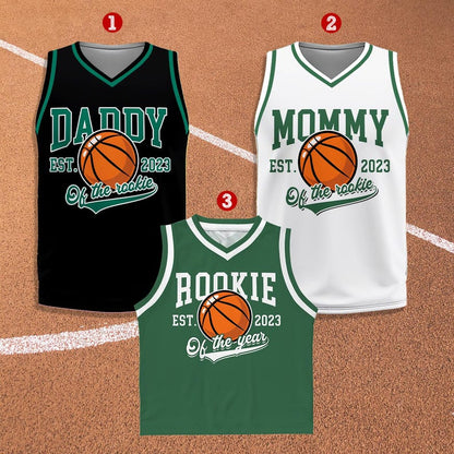 Daddy, Mommy and Rookie of the Year matching basketball jerseys in black, white and green