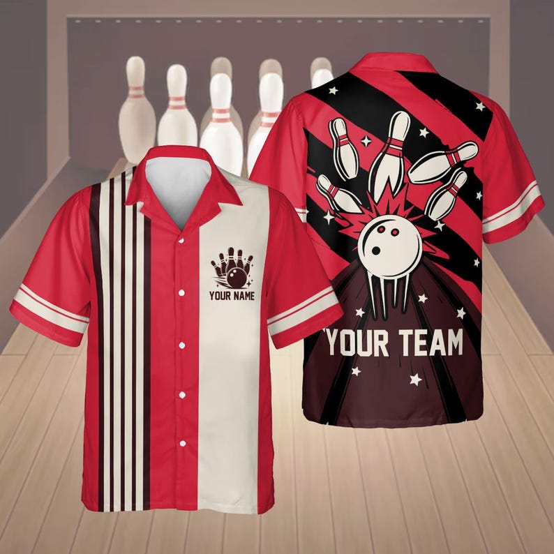Personalized vintage bowling shirt in red with custom name and team name on the back