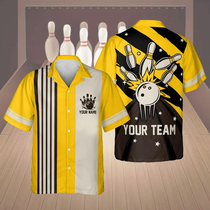 Personalized vintage bowling shirt in yellow with custom name and team name on the back