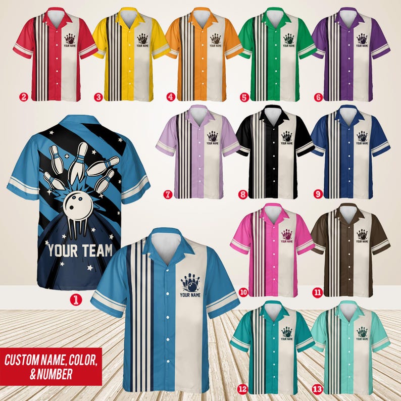 Personalized vintage bowling shirts in 12 color options with custom name, color and number