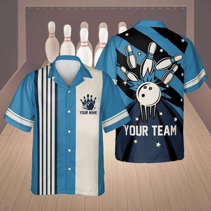 Personalized vintage bowling shirt in blue and white stripes with custom name and team name on the back