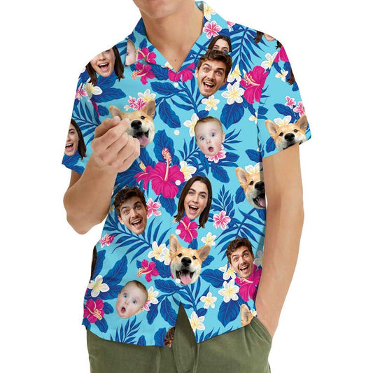 Man wearing custom face Hawaiian shirt with photo faces printed between blue hibiscus flowers