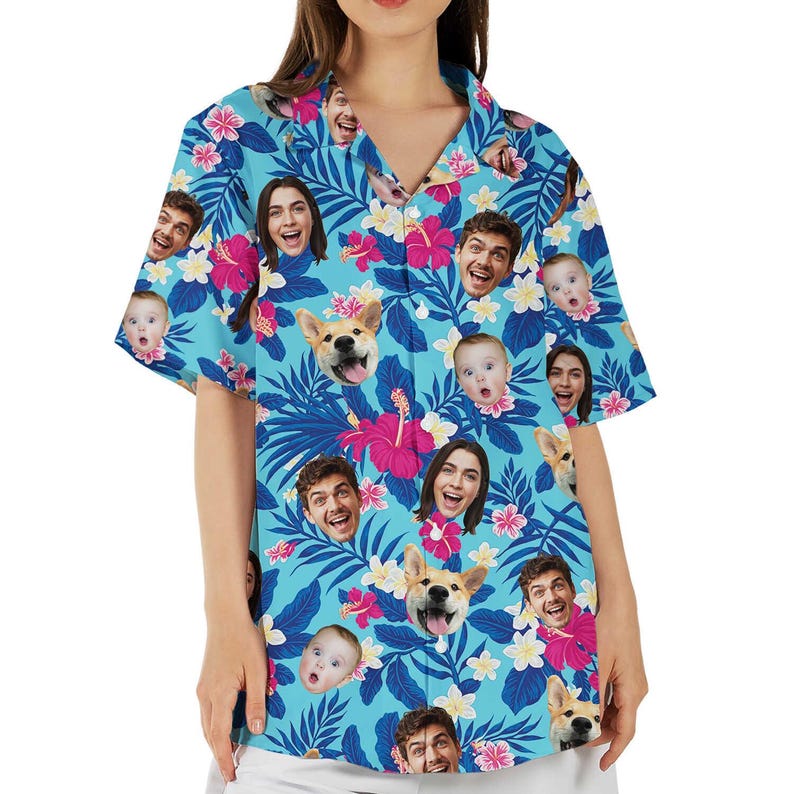 Woman wearing custom face Hawaiian shirt with photo faces and tropical print