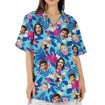 Woman wearing custom face Hawaiian shirt with photo faces and tropical print