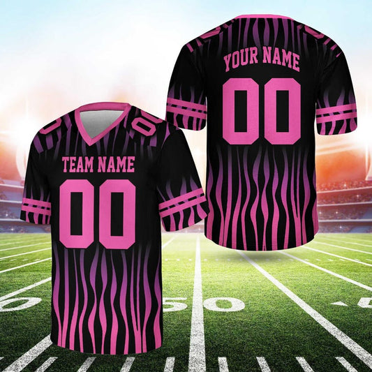 Custom football jersey in pink and black with team name and number, front and back view