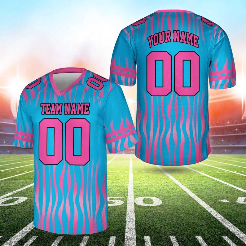 Custom football jersey in blue and pink with team name and number, front and back