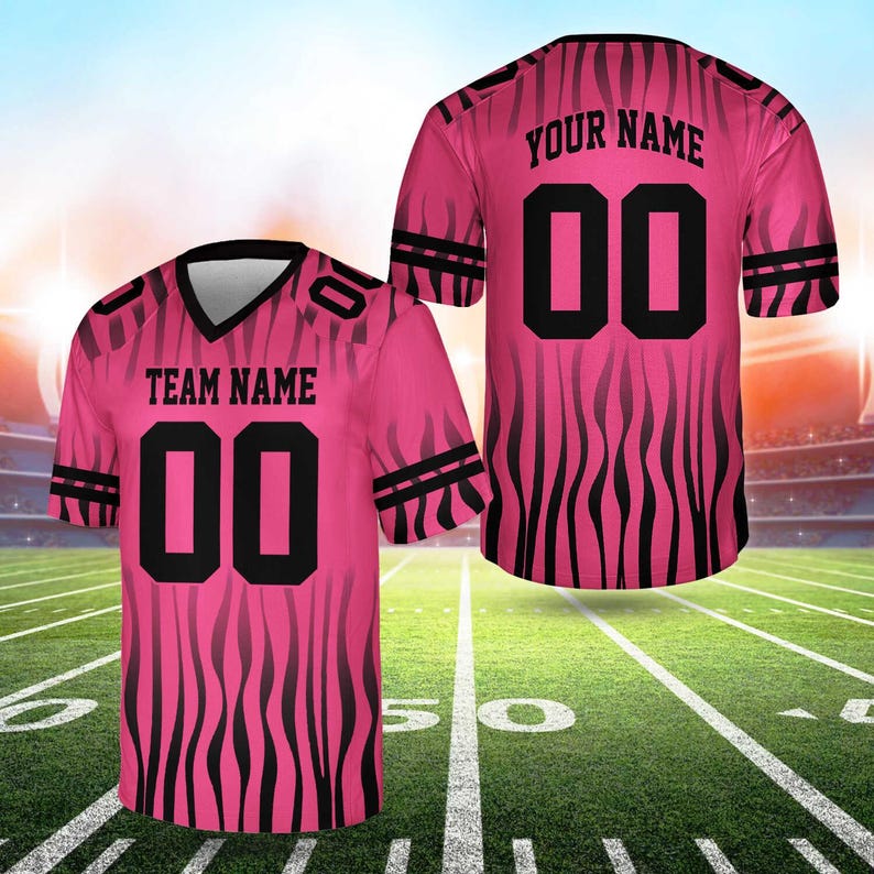 Custom football jersey in pink with team name and number, front and back