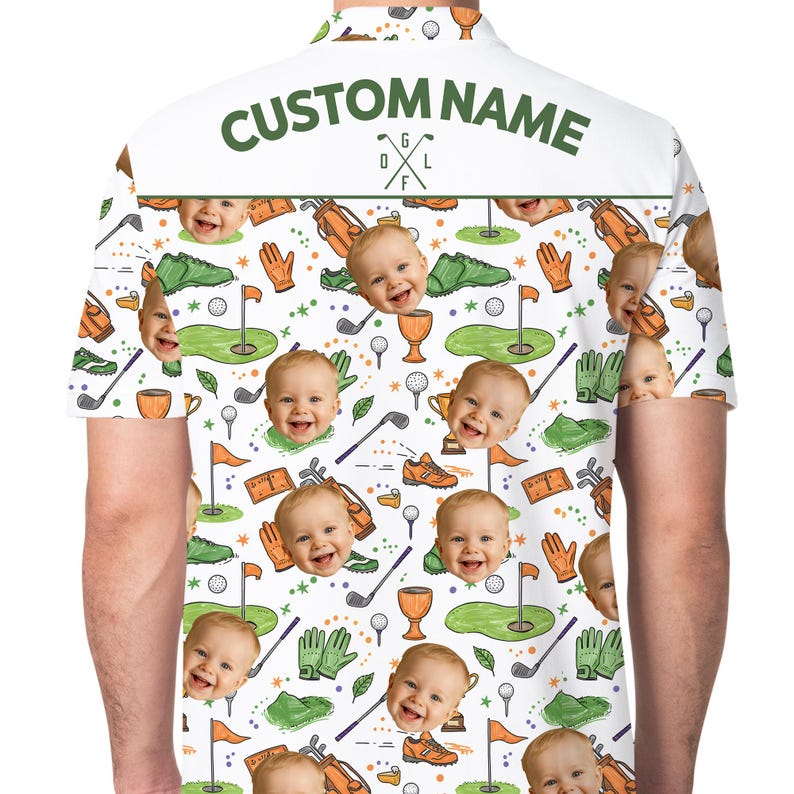 Back view of custom face golf polo with personalized name across the shoulders