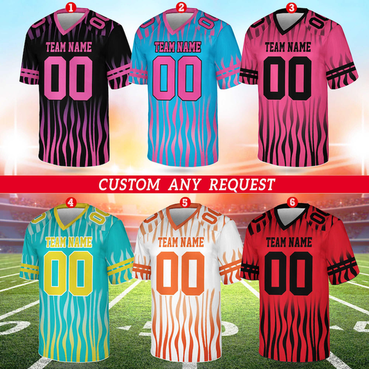 Custom football jerseys in six color options with team name and number