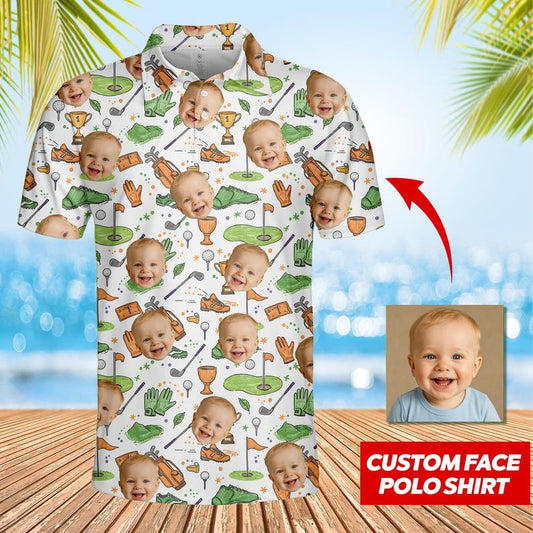 Custom face golf polo shirt with photo all-over print and custom name, front view