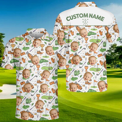 Custom face golf polo front and back with photo print and custom name on the back