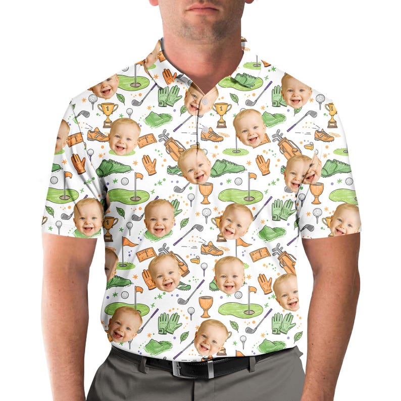 Man wearing a custom face golf polo shirt printed with a baby's photo and golf pattern