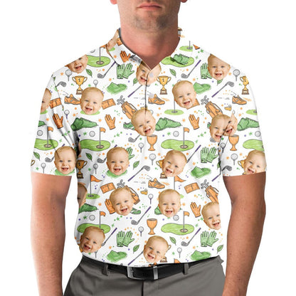 Man wearing a custom face golf polo shirt printed with a baby's photo and golf pattern