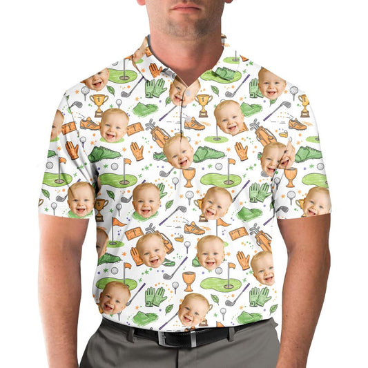 Man wearing a custom face golf polo shirt printed with a baby's photo and golf pattern