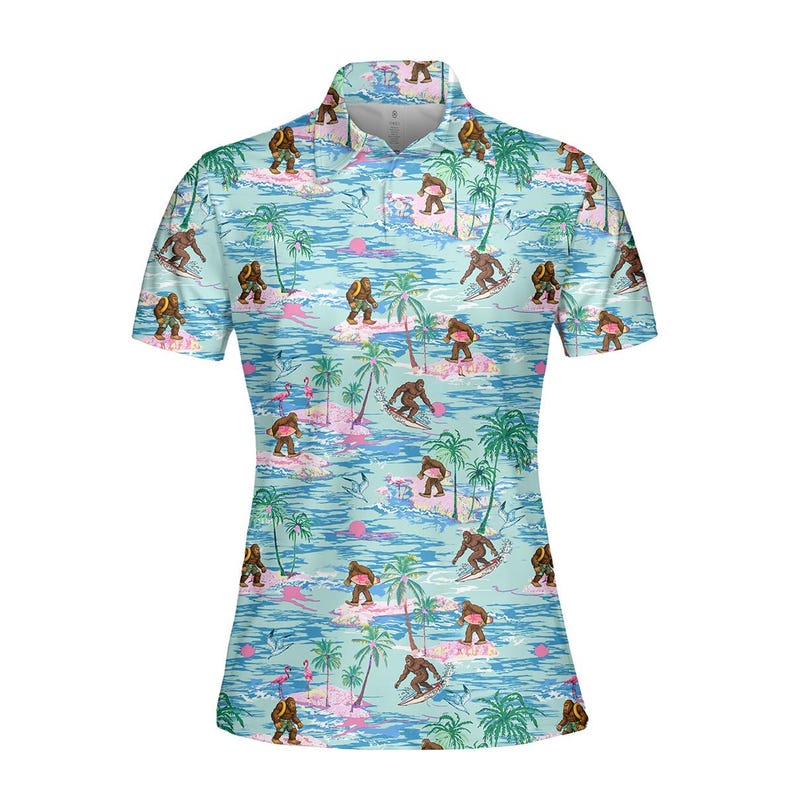 Women's Bigfoot surfing polo shirt with tropical print