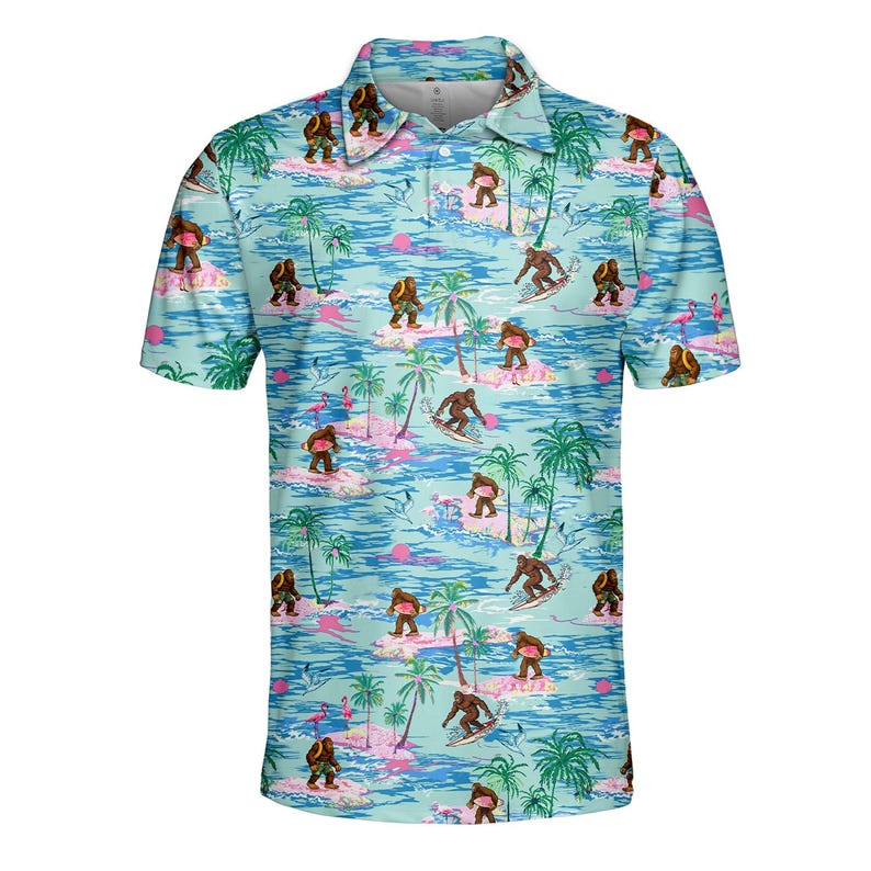 Bigfoot surfing polo shirt with tropical palm and flamingo print, men's polo front view