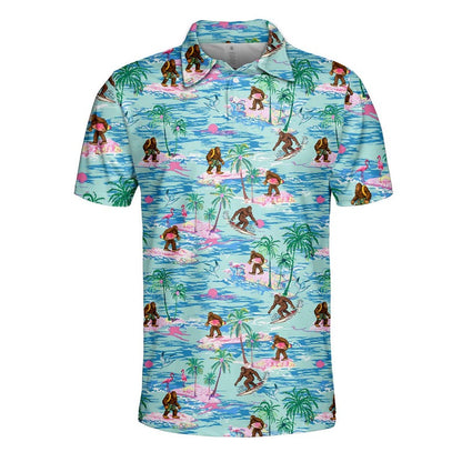 Bigfoot surfing polo shirt with tropical palm and flamingo print, men's polo front view