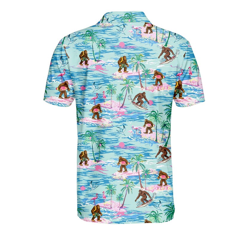 Bigfoot surfing polo shirt back view with tropical print