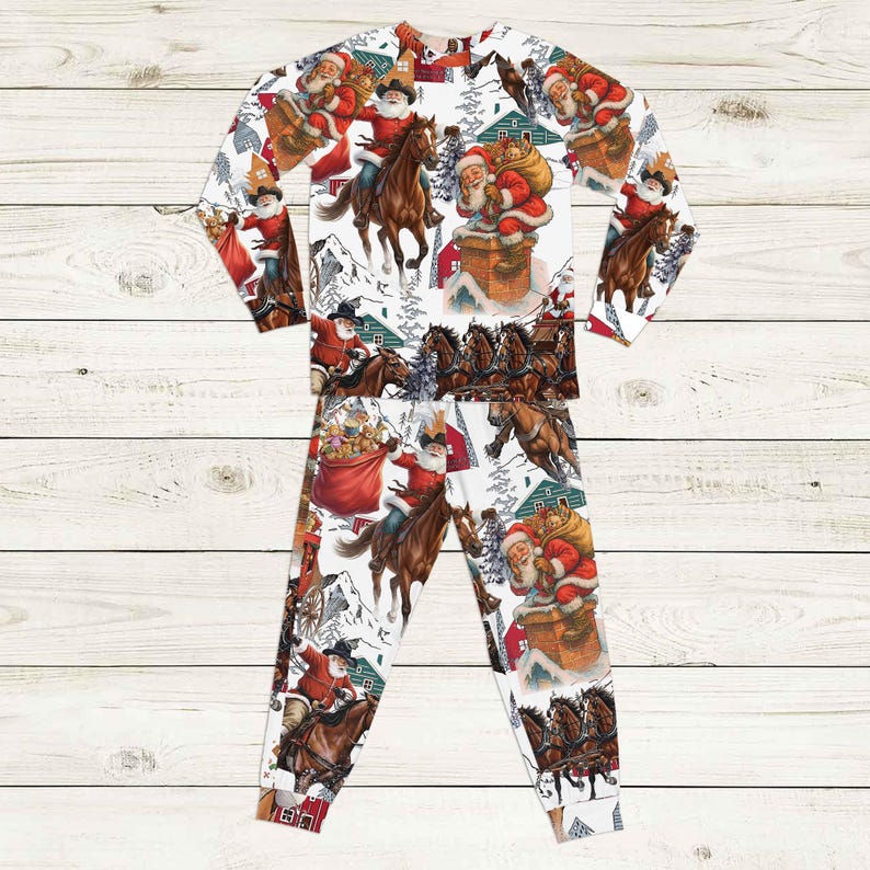 Western Santa Christmas pajama set flat lay, long sleeve top and pants