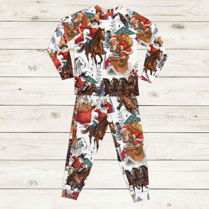 Western Santa Christmas pajama set flat lay, long sleeve top and pants