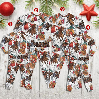 Western Santa family pajama sets laid flat in four sizes