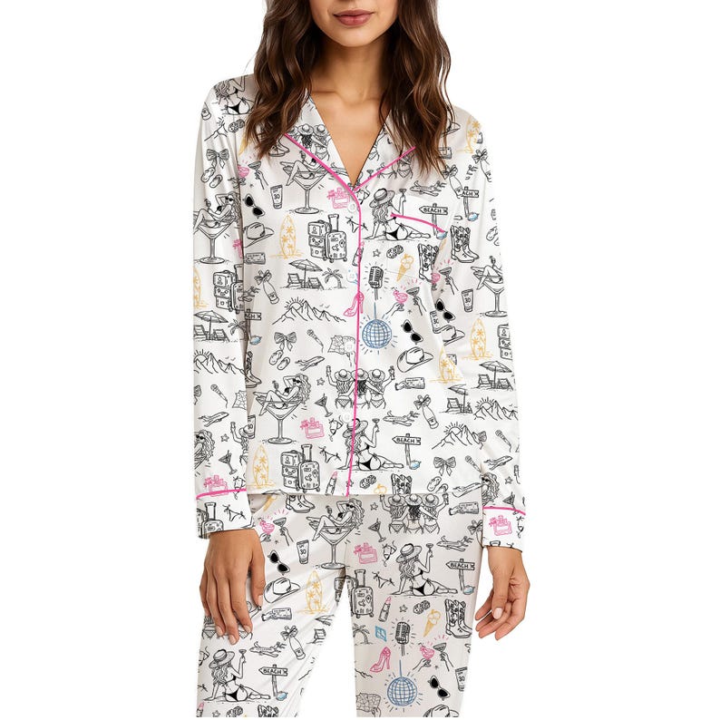 Woman wearing Girls Trip long sleeve pajama shirt and pants