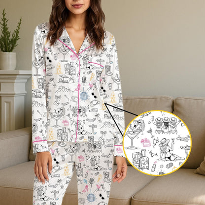 Woman in Girls Trip long pajama set with beach doodle print and detail close-up