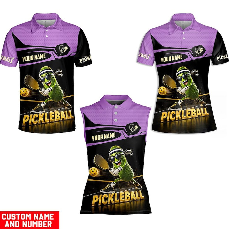 Personalized pickleball polo shirt in purple with custom name, three cuts