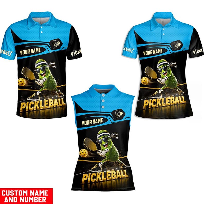 Personalized pickleball polo shirt in blue with custom name, three cuts