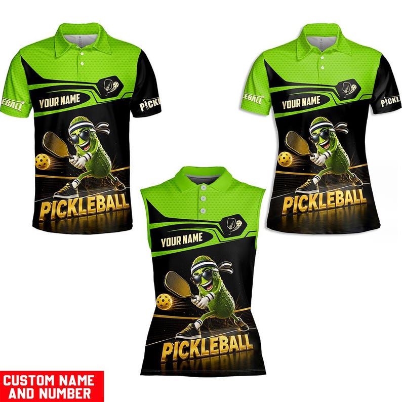Personalized pickleball polo shirt in lime green with custom name, three cuts