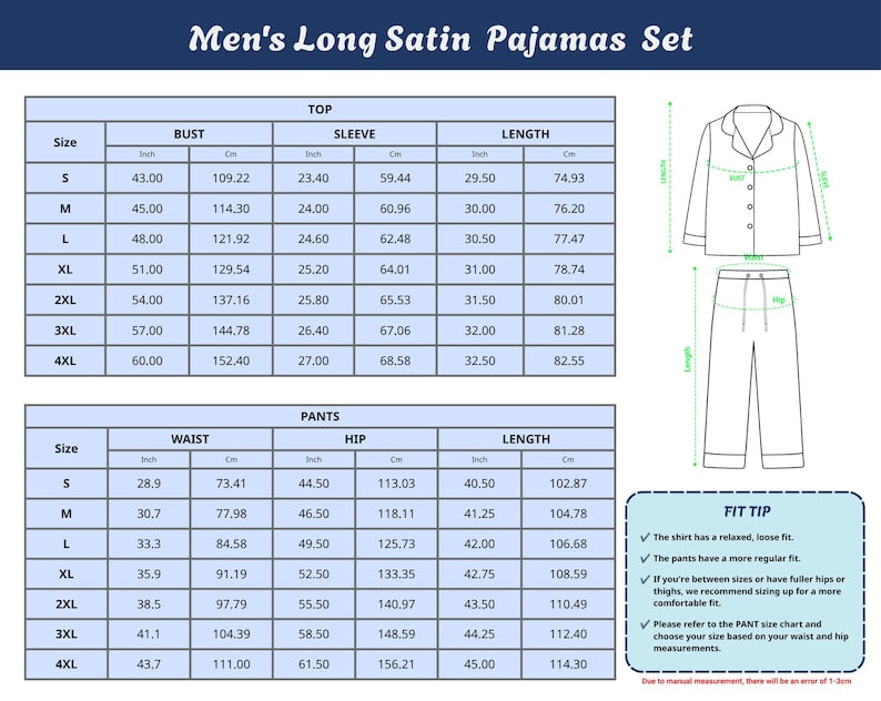 Size chart for men's long satin pajama set