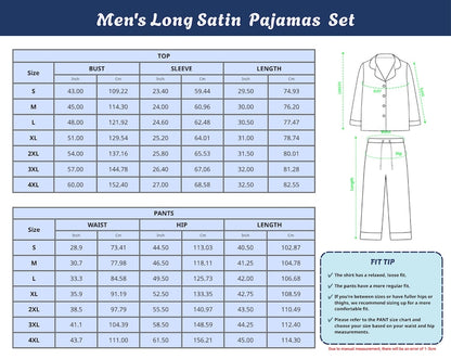 Size chart for men's long satin pajama set
