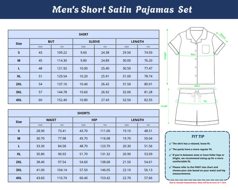 Size chart for men's short satin pajama set