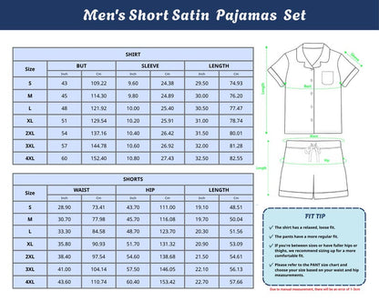 Size chart for men's short satin pajama set