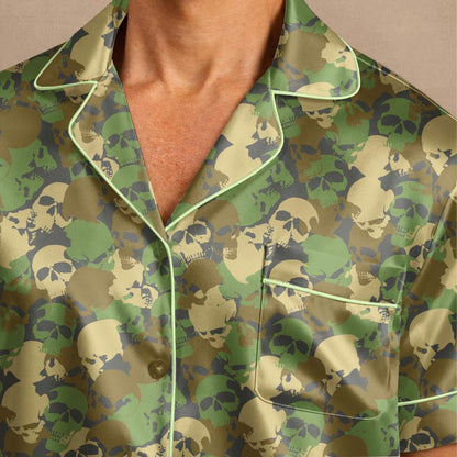 Close-up of skull camo satin pajama shirt collar and print