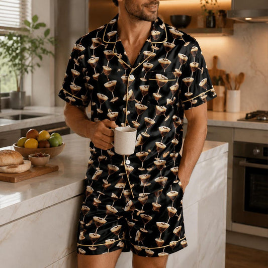 Man wearing espresso martini print black satin pajama set with short sleeves
