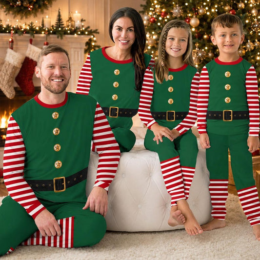 Family of four wearing matching Christmas elf pajama sets with green tops and striped sleeves