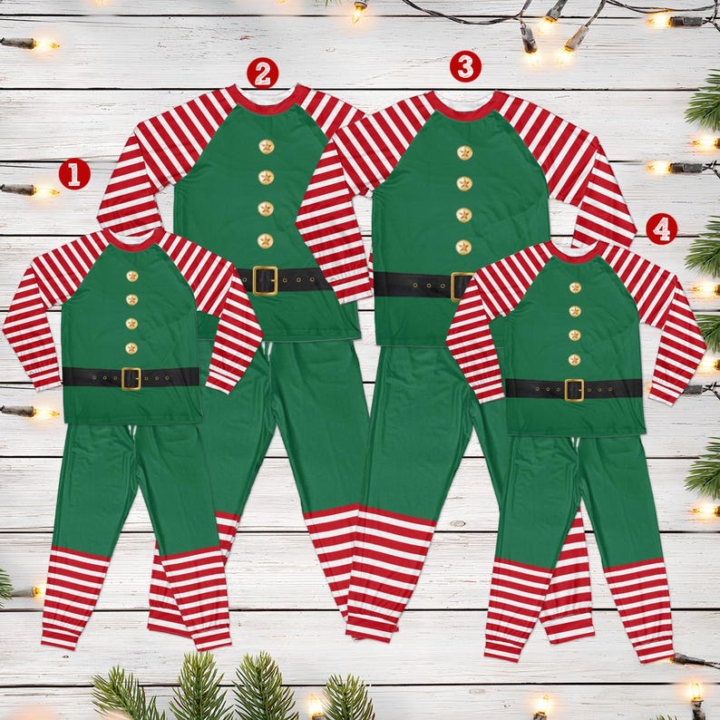 Christmas elf family pajama sets in four sizes laid flat