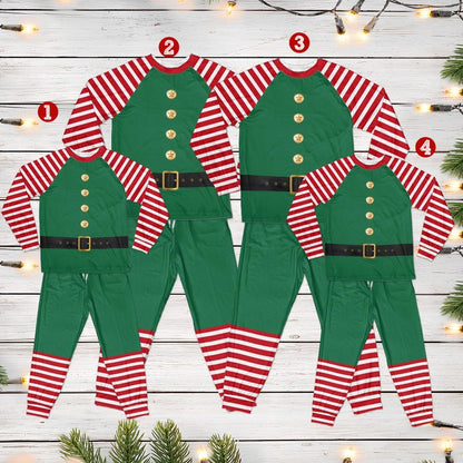 Christmas elf family pajama sets in four sizes laid flat