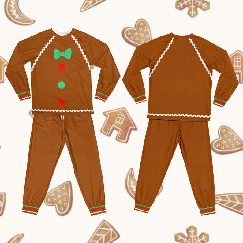 Gingerbread cookie pajama set flat lay, long sleeve top and pants